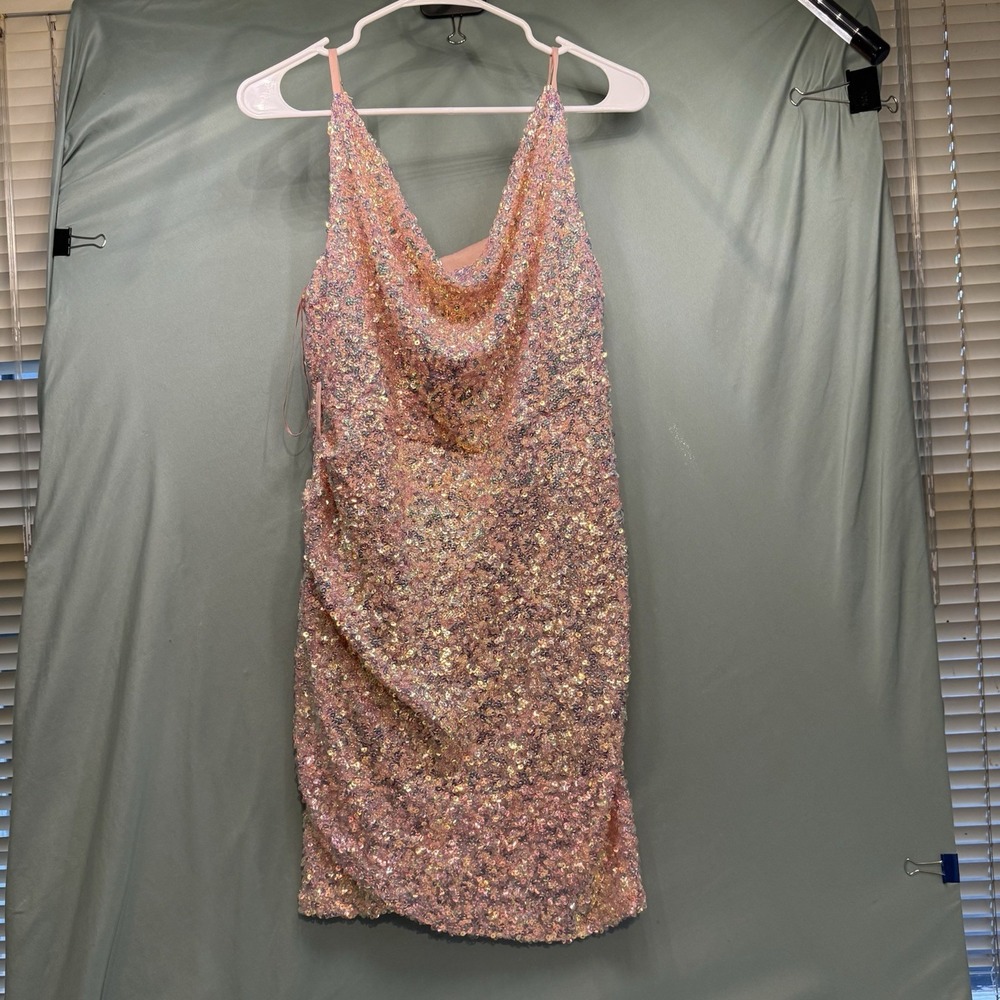 Hausen Halter Mini Dress Sequin Pink Gold Cocktail Party NYE Sparkle Large